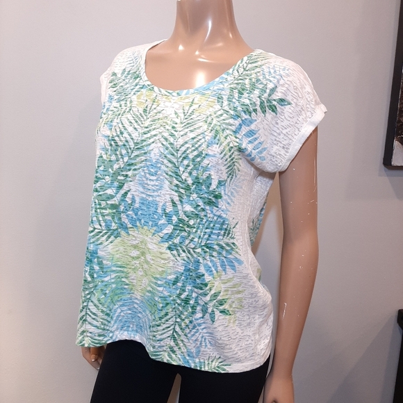 CHAUS SPORT Burnout Tee Short Dolman Sleeve Floral Leaf Print Summer Vacation - Picture 4 of 12